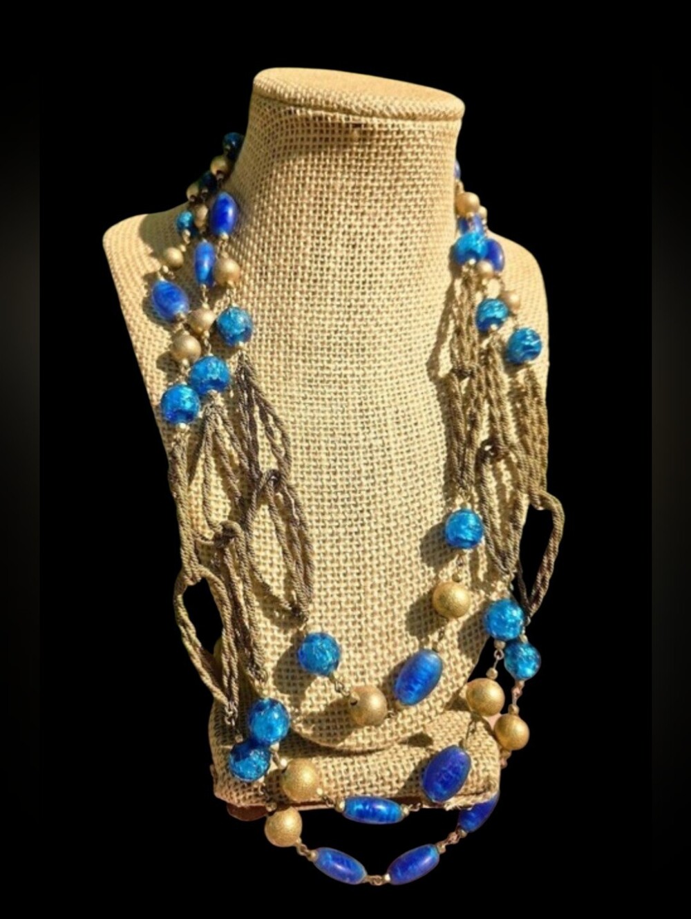Vintage Multi-Strand Cobalt Art Glass &  Woven Mesh Chains Necklace